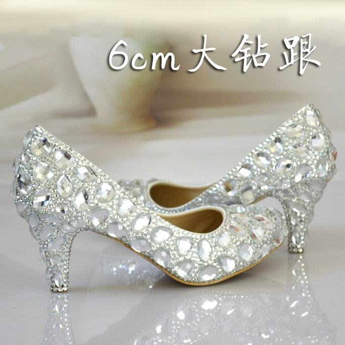 Women Rhinestones Pumps Shoes Super Flash Crystal Chaton Wedding Shoes White Bride Shoes Show Diamond High-heeled Shoes 6CM