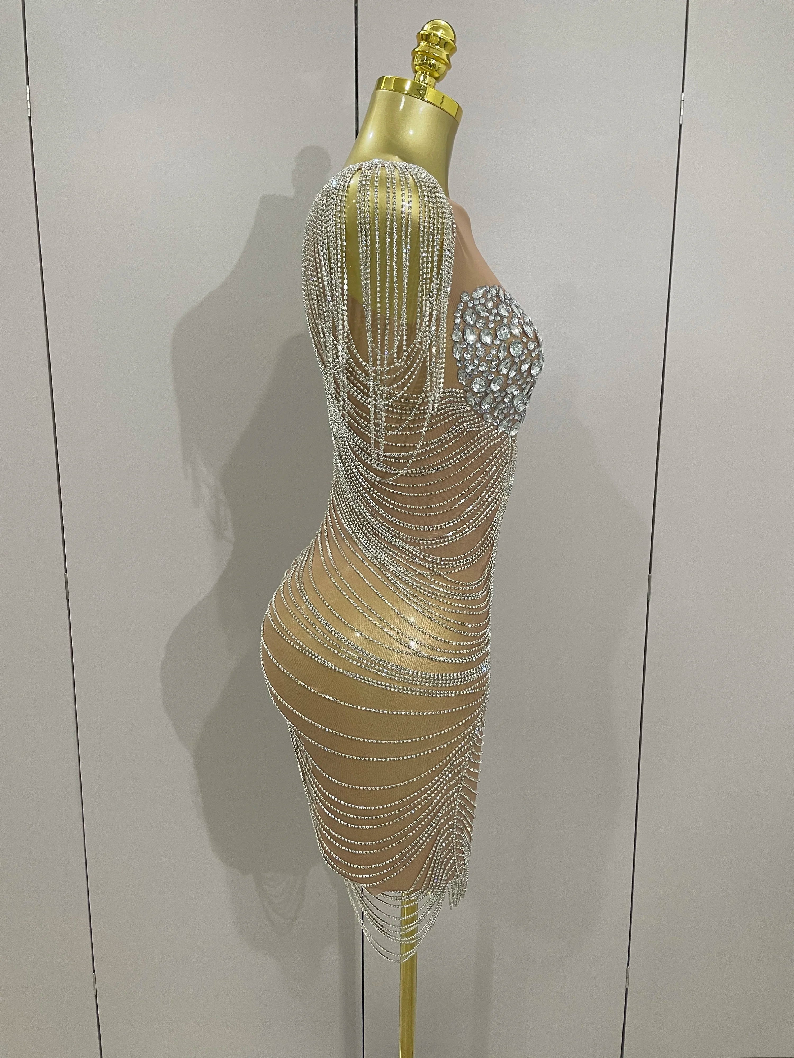 2025 New Sparkly Diamonds Crystal Sexy Mesh See Through Mini Dress Women Birthday Party Club Celebrate Stage Performance Costume