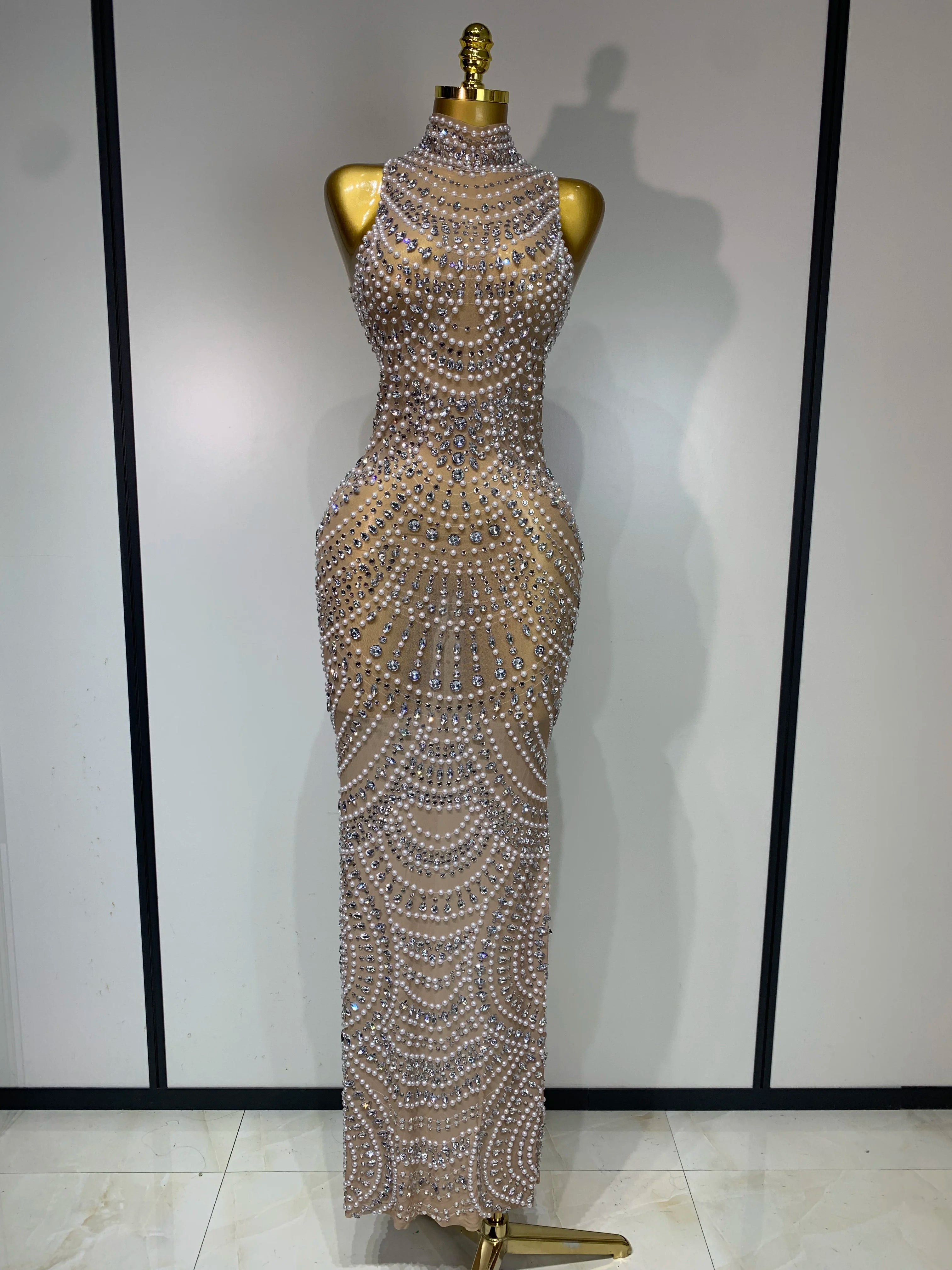 Elegant Sexy Sparkly Pearl Rhinestone Sleeveless Long Dress Women Birthday Party Evening Prom Wedding Luxury Photoshoot Outfits Khaki