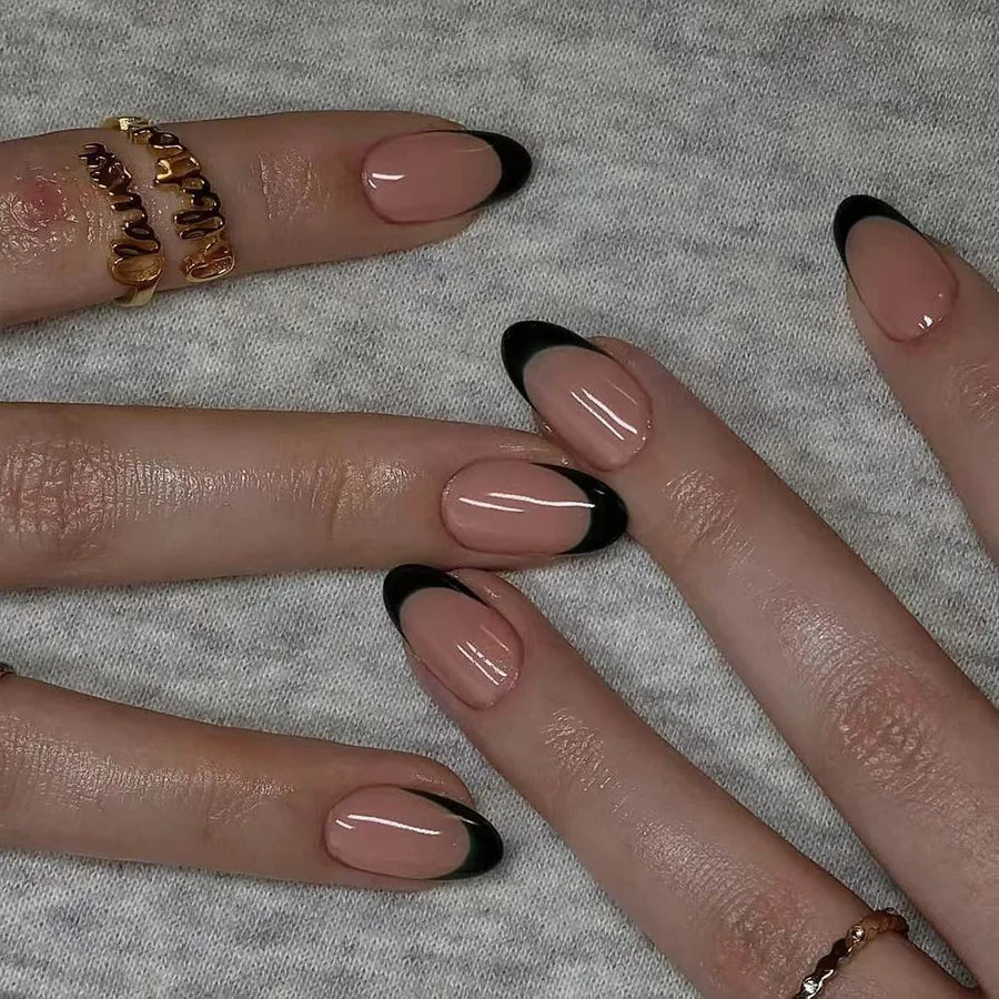 24Pcs Simple Almond Fake Nails Art with Glue Nude Color French Press on False Nails Black Stripes Design Wearable Oval Nail Tips 1