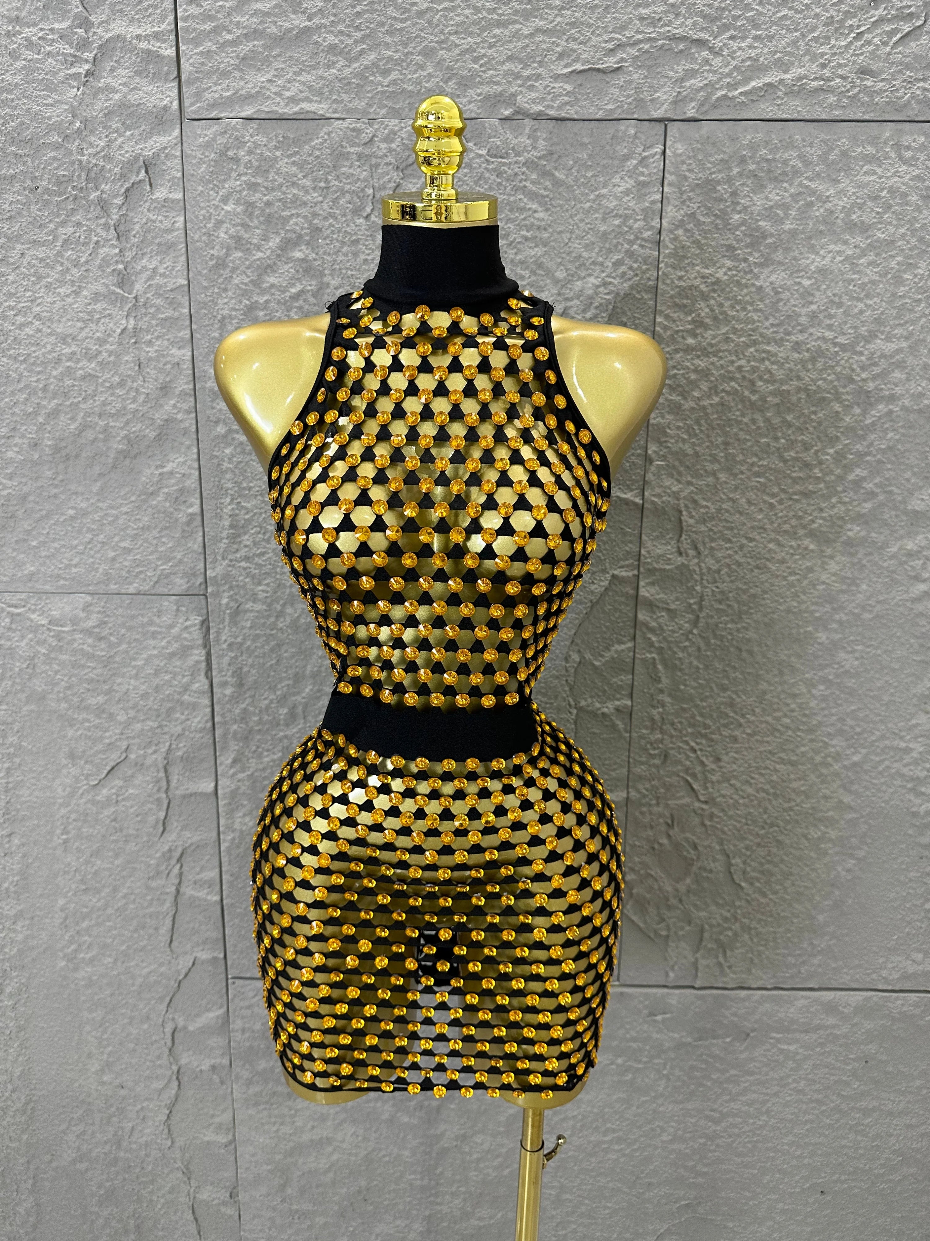 Luxury 2026 Glamorous Black Mesh Halter Mini Dress Sparkle Rhinestone Gold Silver Bead Bodycon Bar Stage Performance Costume Gold