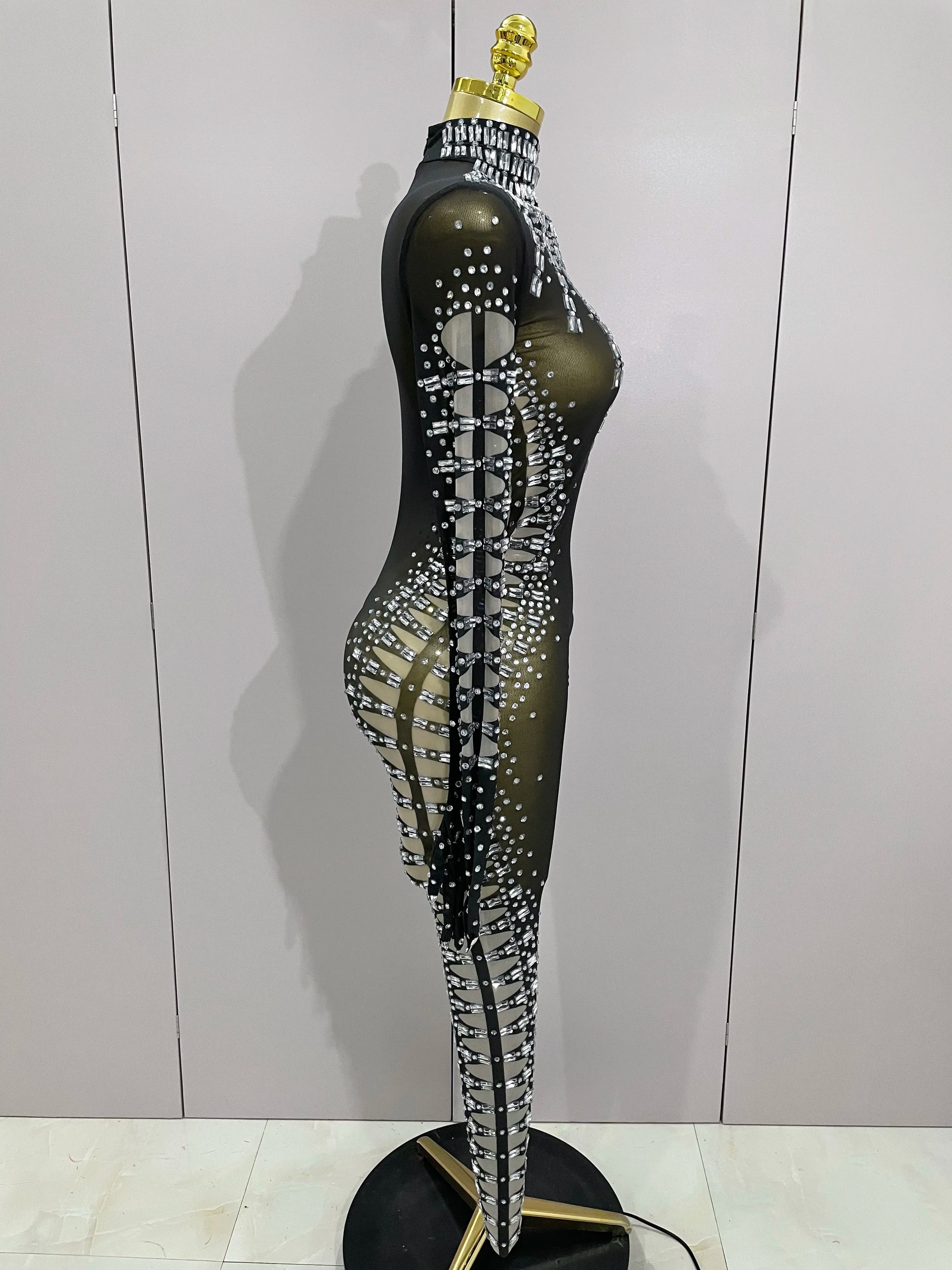 Sexy Sparkly Crystals Black Mesh Jumpsuit With Gloves 2025 Women Celebrate Birthday Party NightClub Singer Dance Stage Costumes