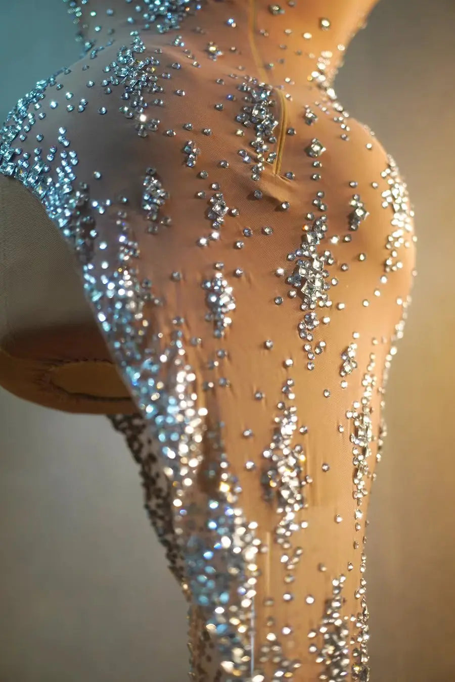 Nightclub Mini Dress Singer Stage Performance Wear Bar Party Asymmetrical Dress Sparkly Rhinestones Sleeveless Mesh Dress Xinghe