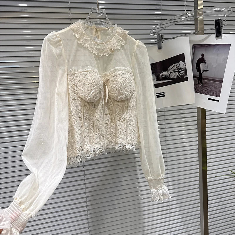 Winter New Fashion Style Elegant Bow Lace Patchwork Chest Pad Chiffon Blouse For Women Short Small Shirt 11A07927