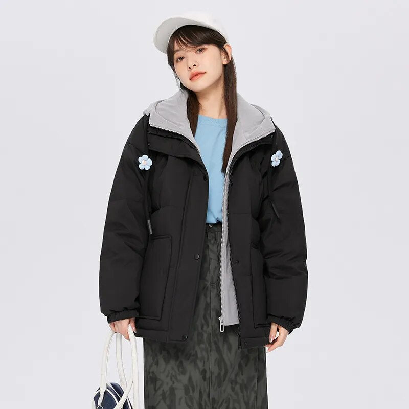 Semir Down Jacket Women Hooded Splicing Fake Two Winter New Oversize Flower Thick Coat Sweet black