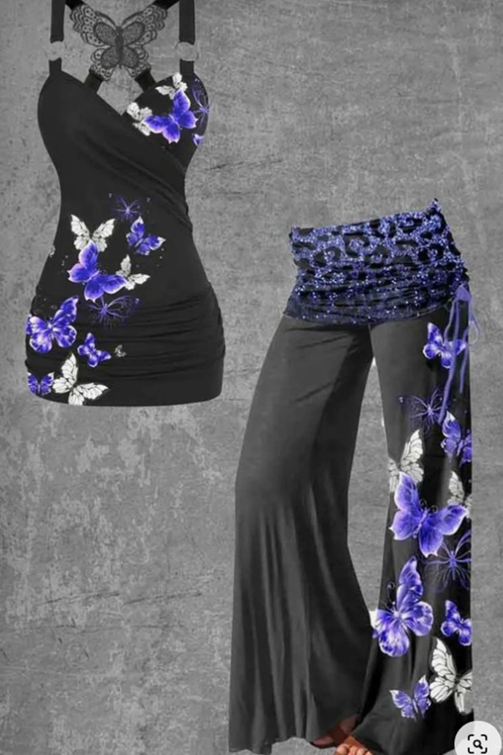 Women Plus Size Matching Set Hollow Out Butterfly Printed Backless Sexy Gothic Punk High Waist Flare Pant and Slim Tank Top Set