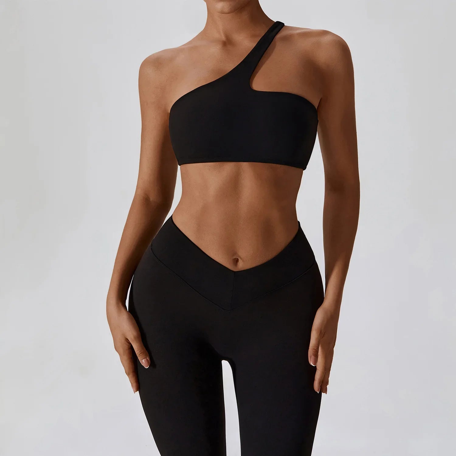 2 Piece Yoga Suit Women's Gym Fitness Push-up Clothes High Waist Leggings One Shoulder Sports Bra Workout Set Fitness Sportswear Advanced Black