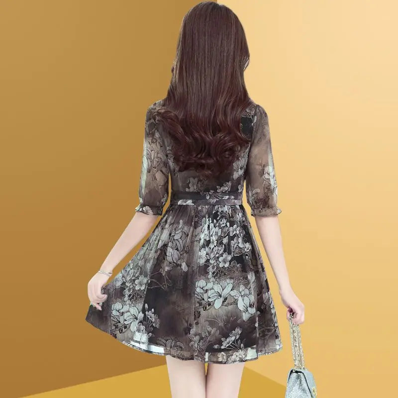 Elegant Printing Spliced Folds Chiffon Floral Dress Women Clothing 2024 Summer New Loose Office Lady Butterfly Sleeve Mini Dress