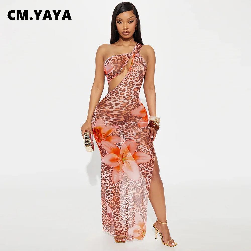 Women Floral Leopsrd Printed Sleeveless High Side Split Long Maxi Dress 2025 Skew Collar Sexy Birthday Party Dresses