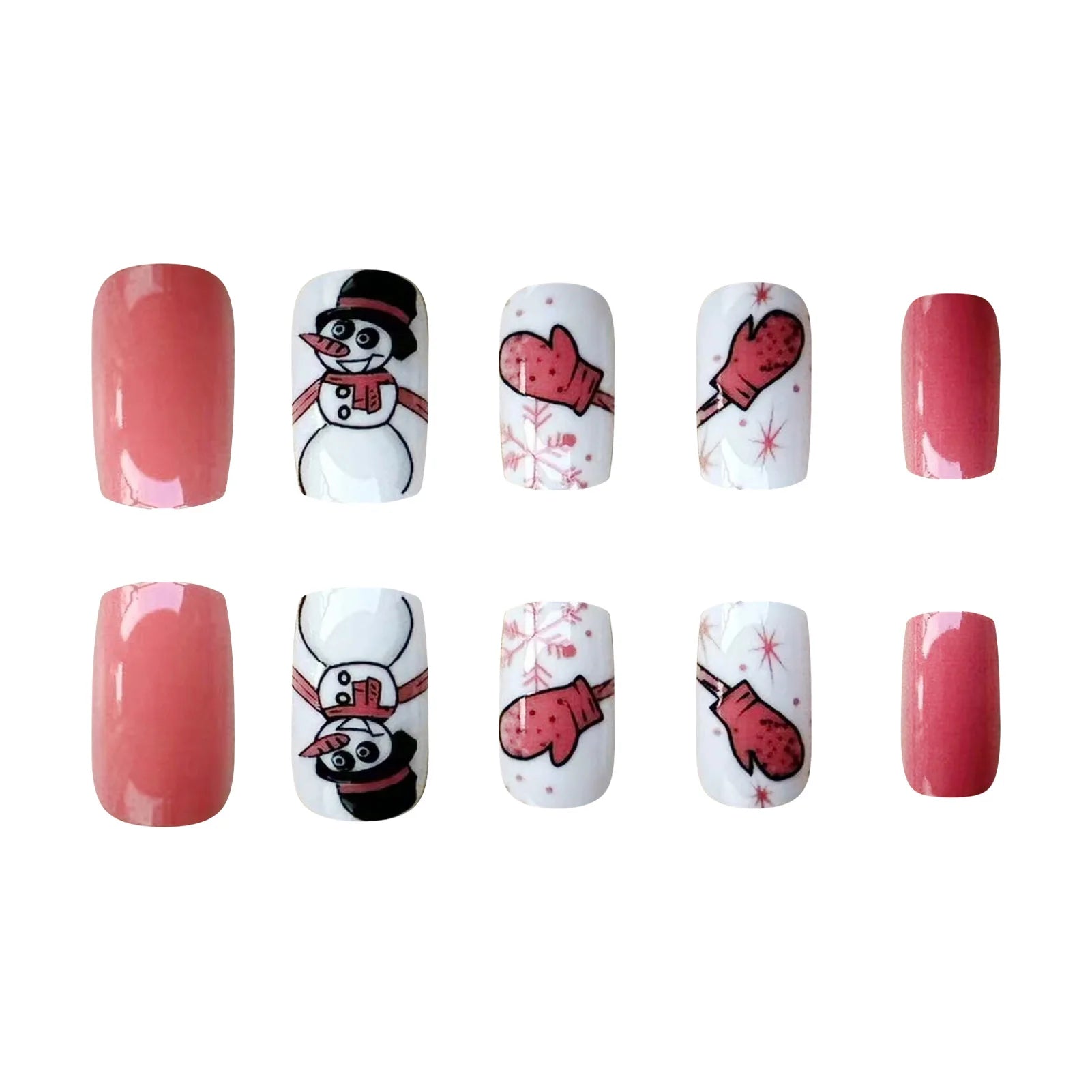 Short Square Fake Nails for Christmas Party 24Pcs White/Pink Press On Nails Snowman/Snowflake Printed Stick-on False Nails