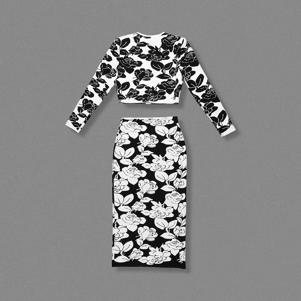 Hit Color Printing Two Piece Sets for Women Round Neck Long Sleeve Patchwork Button Top High Waist Skirt Set Female