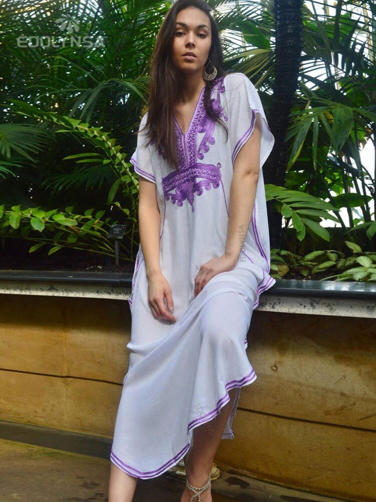 Plus Size Kaftan Tunic Beach Dress Swim Wear Bathing Suit Cover Up 660-White One Size