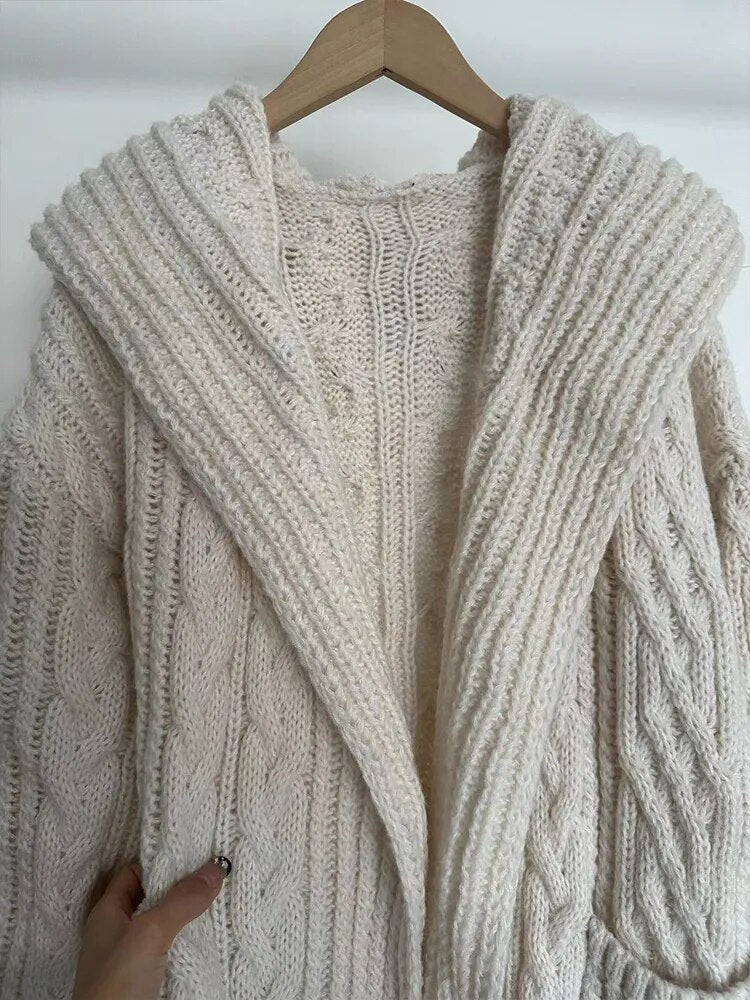 ZA-2024 new autumn and winter women's hooded eight-strand knitted jacket fashionable long cardigan jacket