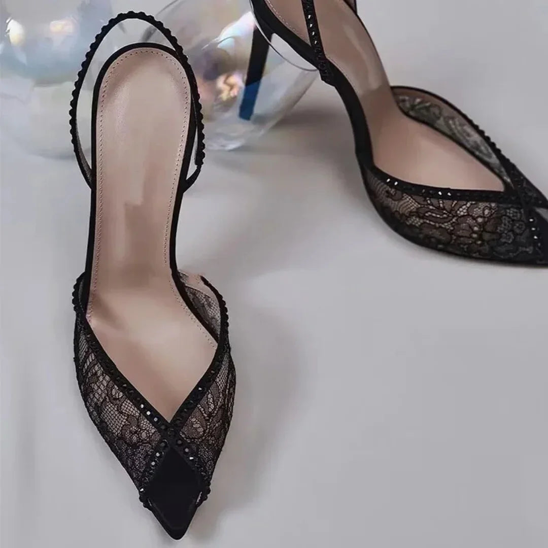 Blue Lace Rhinestone Women Sandals Pointed Toe Stiletto Embroidered High Heel Back Strap New Slip On Pull On Narrow Band Shoes as picture