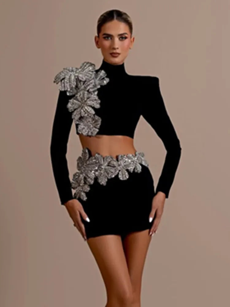 Women Sexy Long Sleeve Flower Diamonds Black Mini Two Pieces Skirt Bandage Set 2025 Celebrity Designer Fashion Women's Set black