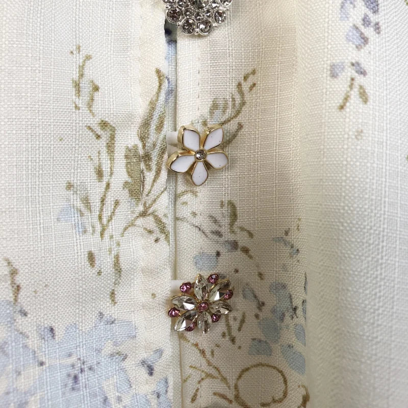 Real Shot In Stock 2025 Spring Summer New Printed Single-Breasted Exquisite Flower Button Short A-Line Dress + Belt