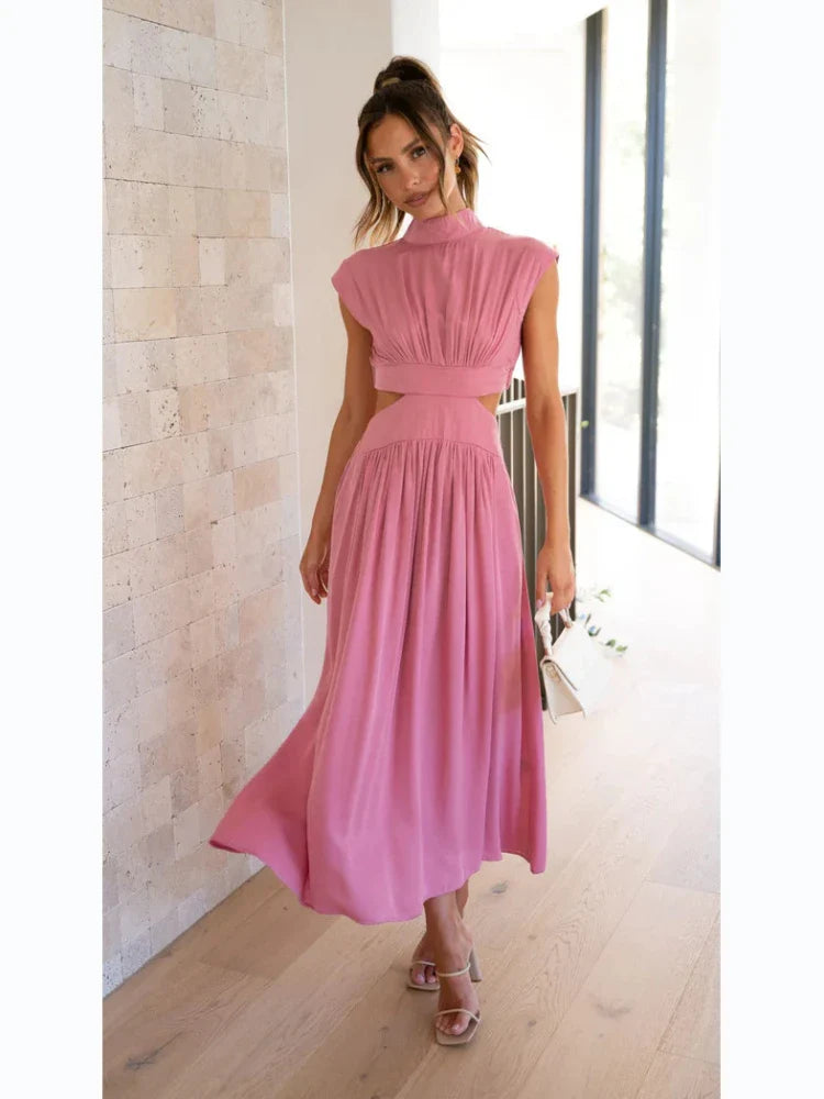 Women Spring Summer Long Maxi Dress Solid Color Fashion Sleeveless Backless Sweet Elegant Casual Dress 2023 Long-Pink