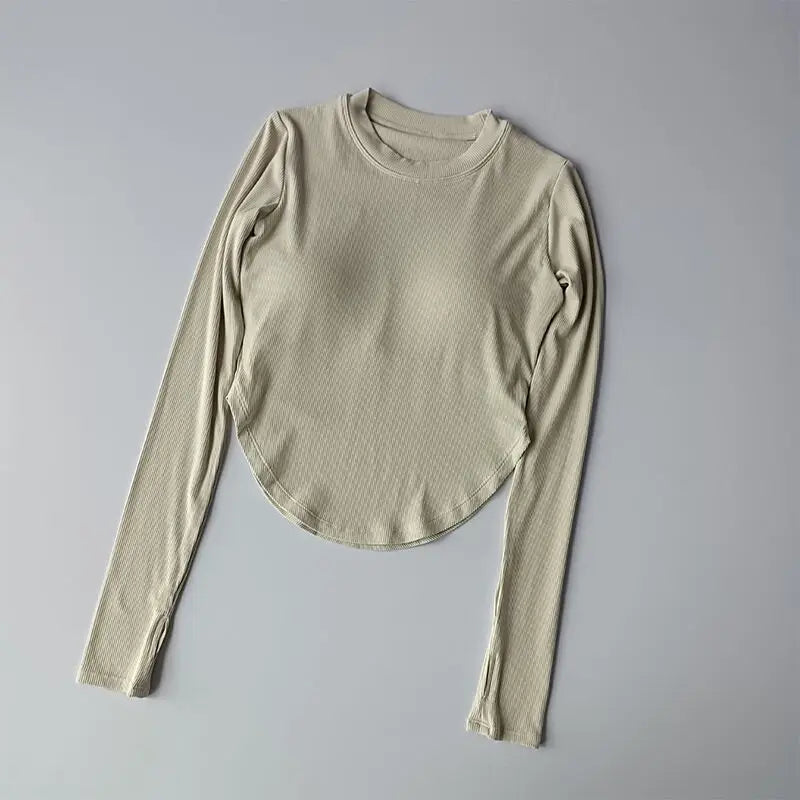 LOERSS Women Sport T-Shirt Breathable Yoga Long Sleeve Fitness Gym Yoga Running Tops Quick Dry Winter Warm Workout Clothing Beige