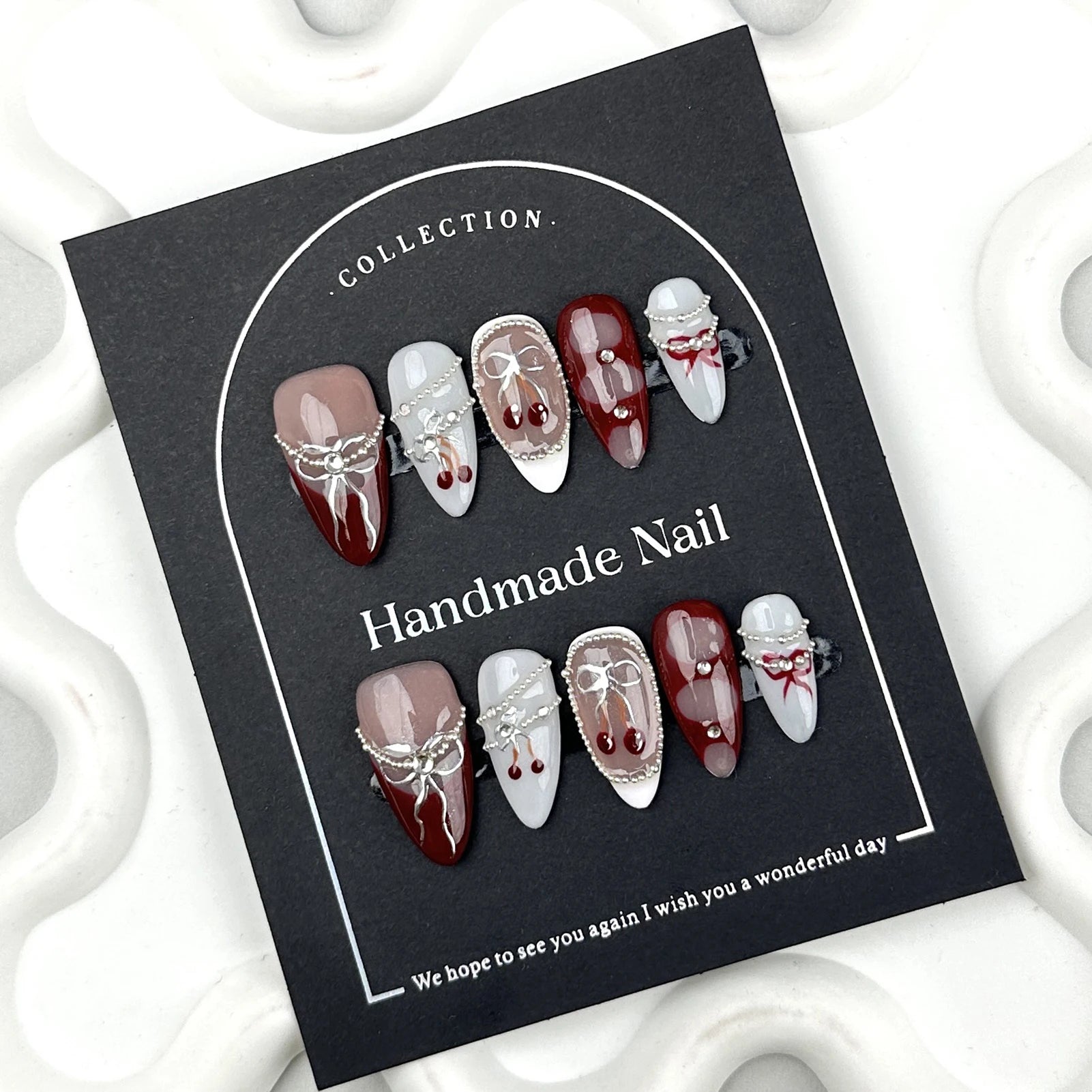 10pcs Handmade Press On Nails Baroque Bowknot Design False Nails Wearable Crystal Red French Almond Shaped Fake Nail Tips