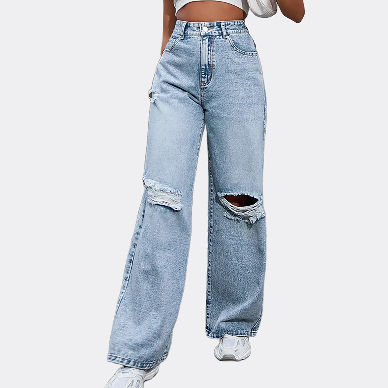 Women Casual Loose Ripped Jeans 2024 Autumn Women New Blue Denim Trousers Fashion Streetwear Black Wide Leg Baggy Denim Pants Blue