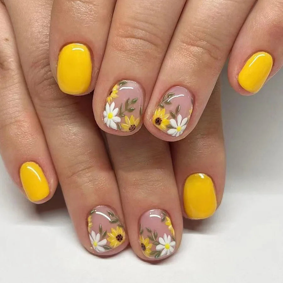 24Pcs Colorful French Press on Fake Nails with Glue Short Square Nail Art Tips Flower Design Wearable Full Cover False Nails 803
