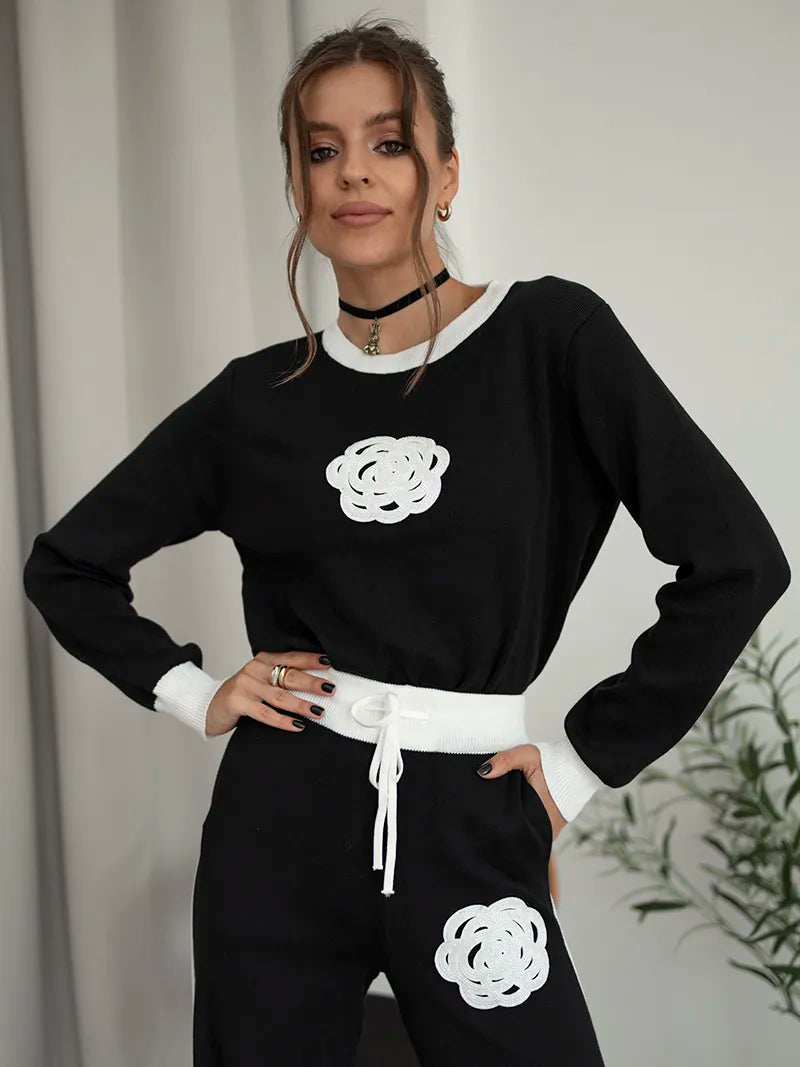 Two Piece Set Women Outfit Winter Outfit Embroidery Sweater Matching Sets Knit Tracksuit Casual Wear Set For Women black One Size