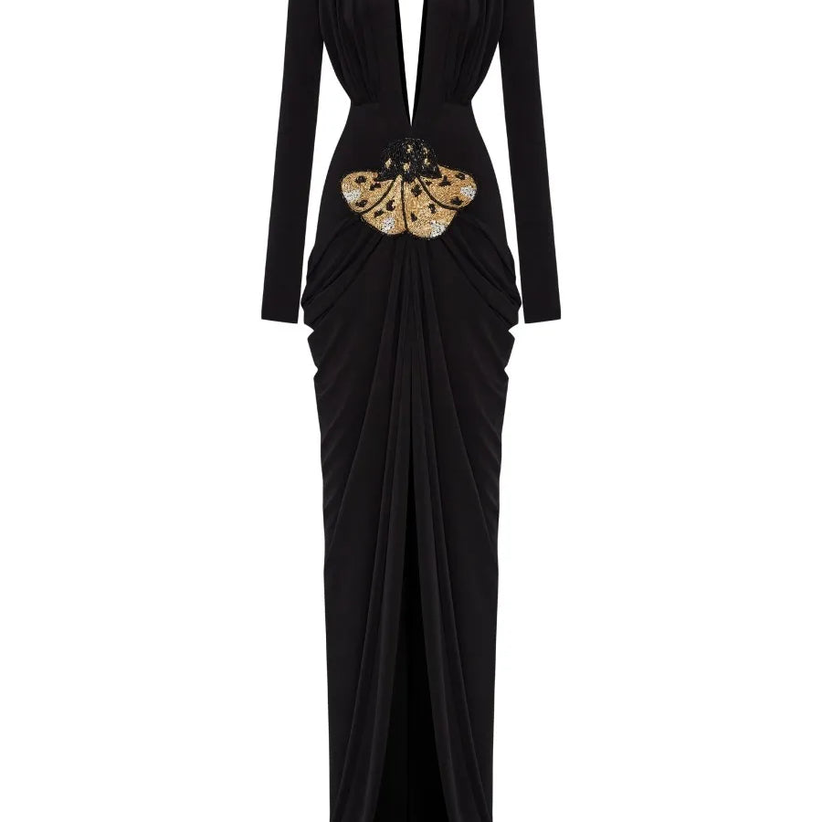 2025 New Spring Women Long Sleeve Deep V-Neck Bodycon Long Dress Elegant Evening Party Celebrate Cocktail Outfit Vestido