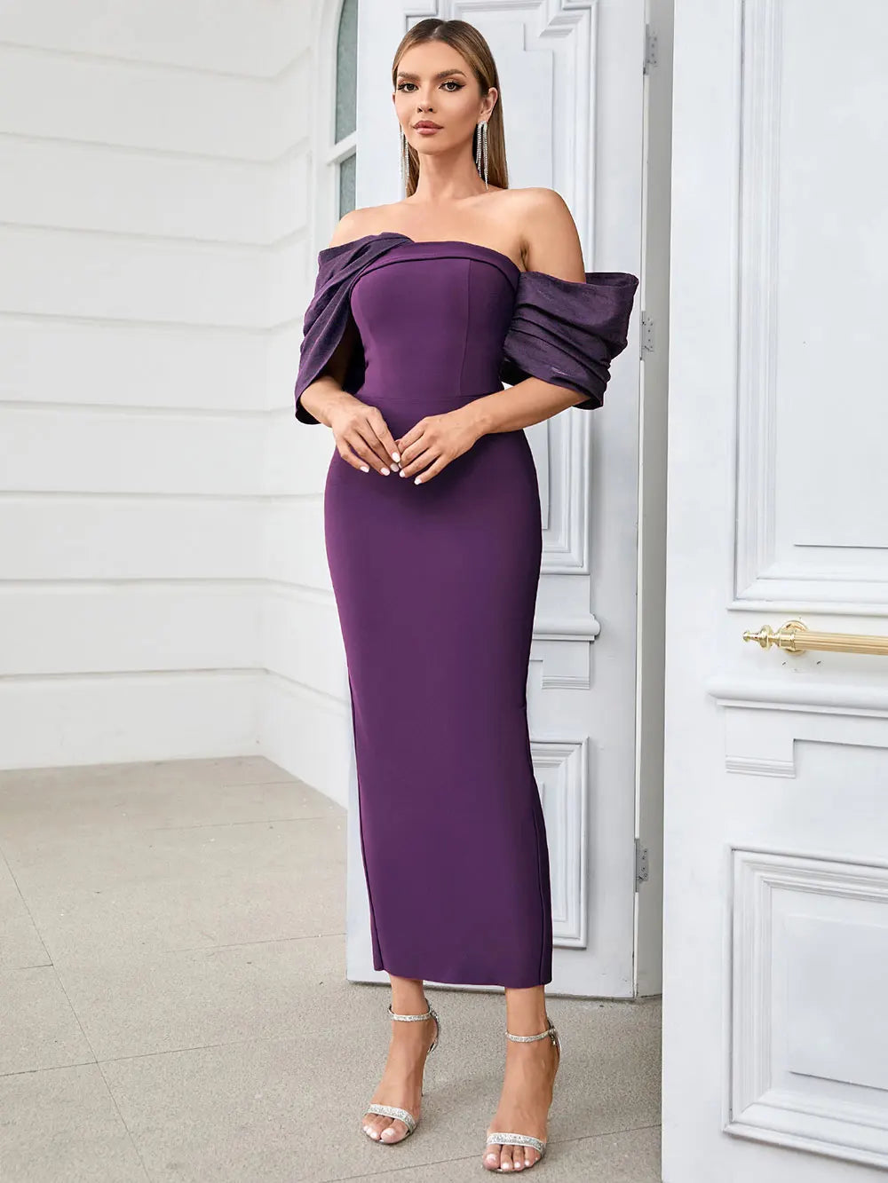 2025 Sexy Women'S Bandage Dresses Strapless Raglan Sleeves Bodycon Backless Midi Dress Celebrity Evening Club Party Vestitos PURPLE