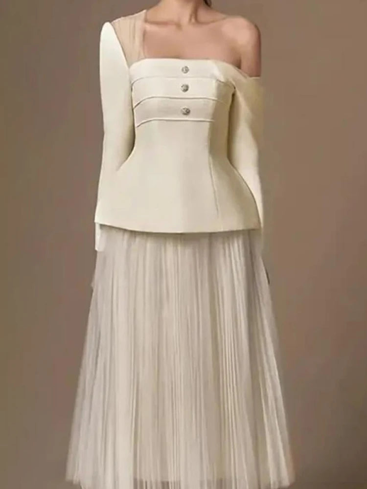 Solid Two Piece Set For Women Diagonal Collar Long Sleeve Tunic Top High Waist Pleated Skirt Elegant Sets Female