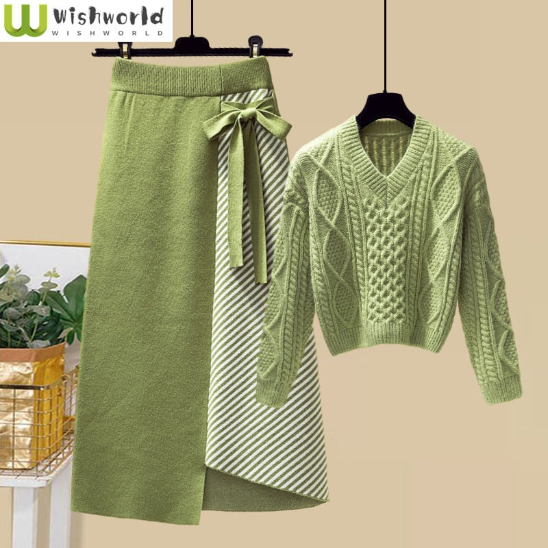 Pull tricoté à col en v pour femme, ensemble deux pièces élégant en sergé, jupe asymétrique en sergé, robes de soirée, printemps