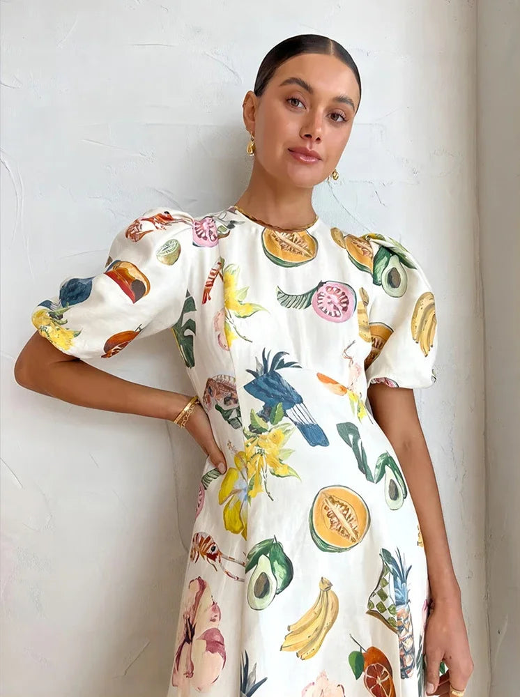 Holiday Beach Style Fruit Maxi Dresses NEW Summer Trendy and Unique Graffiti Print Bodycon Versatile Dress for Women
