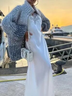 Sequin Knitted Women's Sweater Autumn Bishop Sleeve Zippers Loose Casual Sweaters Female 2024 Lady Stand Collar Outerwear Silver