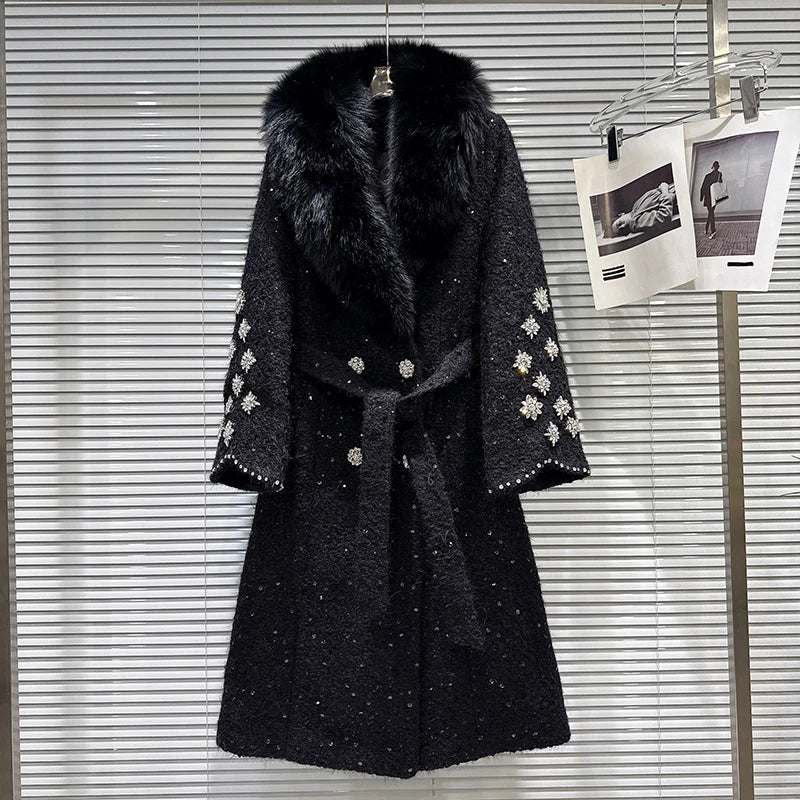 Winter New Fashionable Large Fox Fur Collar Sequin Embroidery Cotton Inner Trench For Women Long Coat Female 11A07776 Black