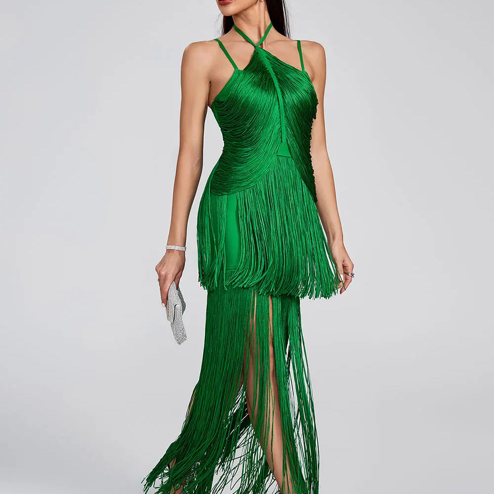 2025 Women Tassel Design Bandage Long Dress Hanging Neck Sleeveless Bodycon Backless Dress Celebrity Evening Club Party Vestidos
