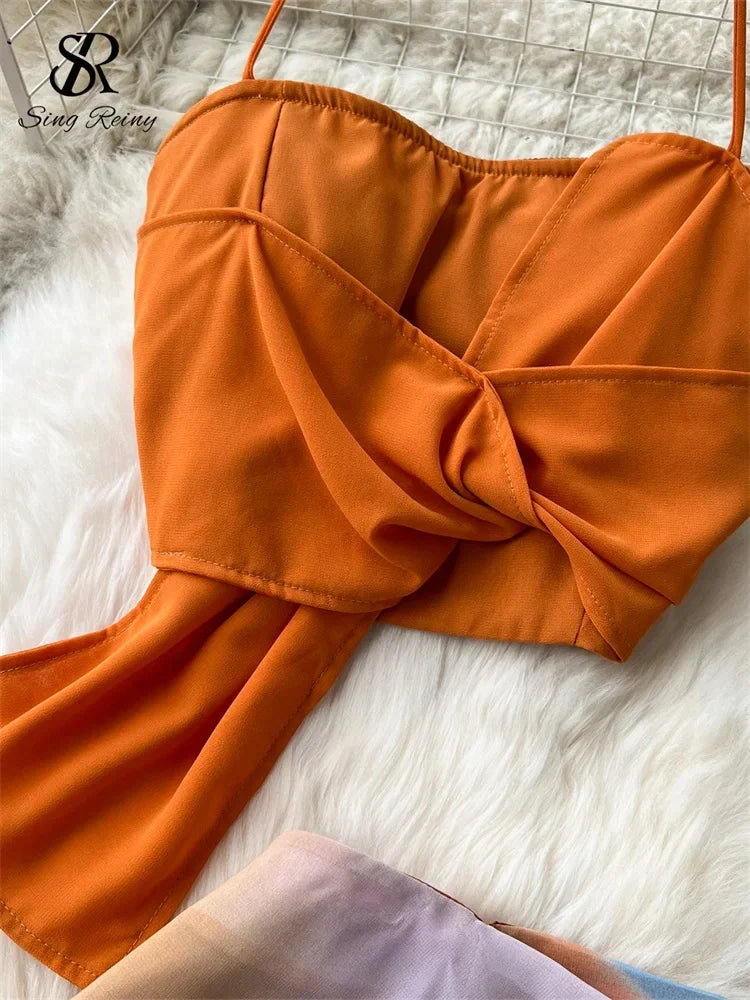 SINGREINY Holiday Suits Strapless Halter Strapless Top+Zipper Tie Dye Skirt Female Fashion Sexy Two Pieces Suit