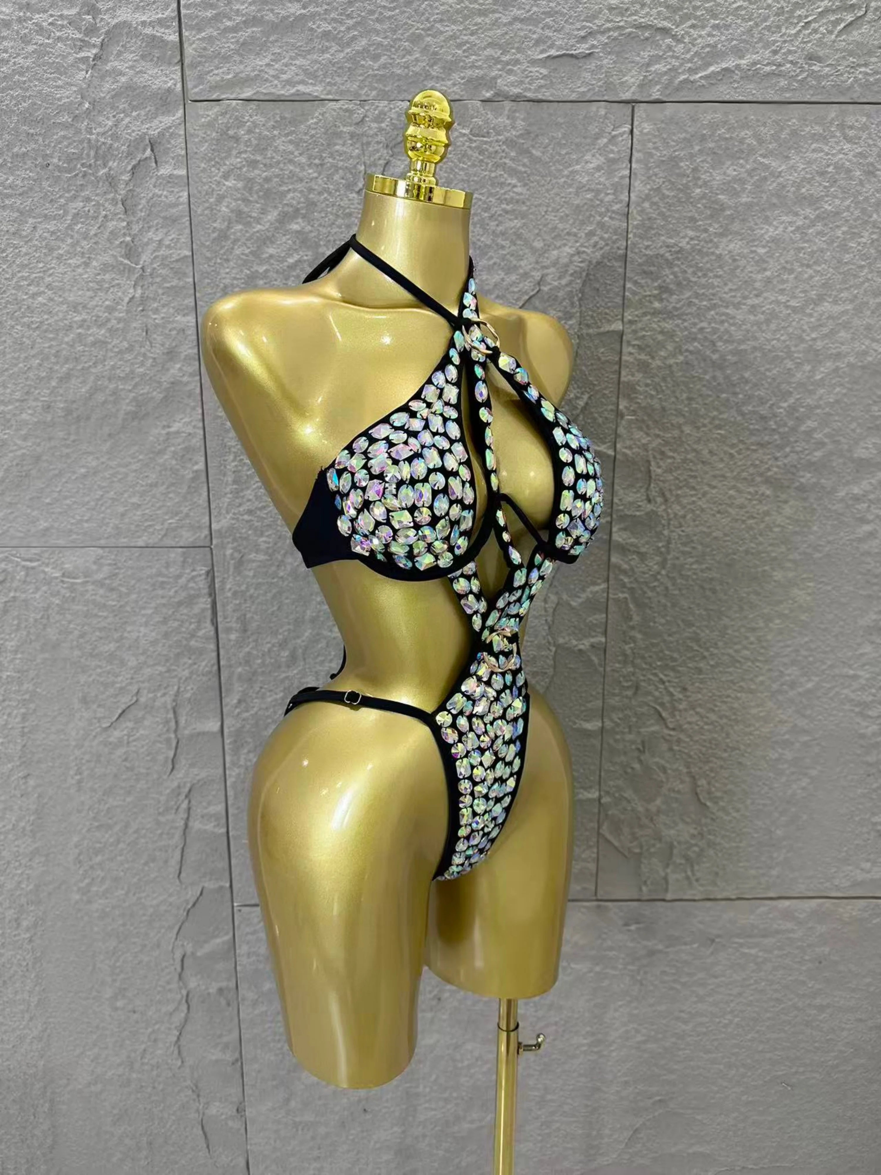 Women Sexy 2026 Luxurious Black Bodysuit Halter Neck Iridescent Crystal Embellished Cutout Outfit Stage Performance Costume