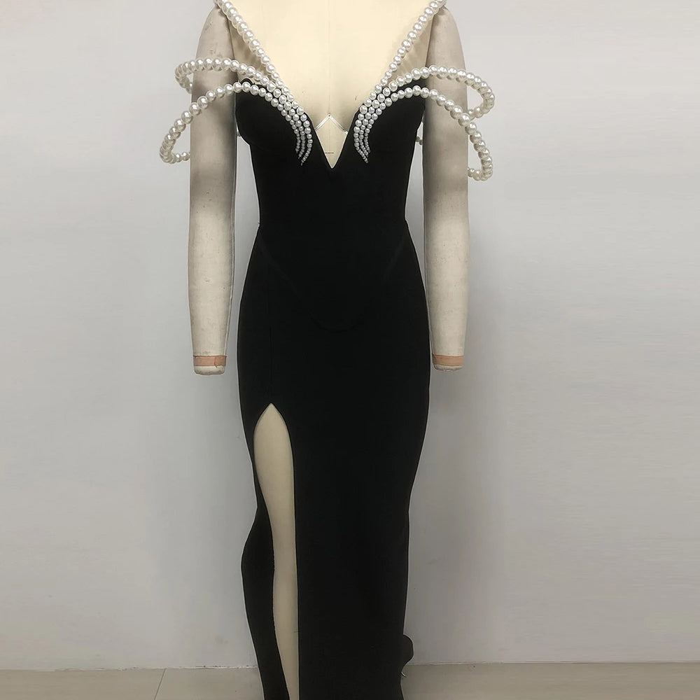 Women Sexy Black Pearl bead Maxi Long Bodycon Bandage Dress 2025 Celebrity Elegant Evening Club Party Luxury Birthday Gowns