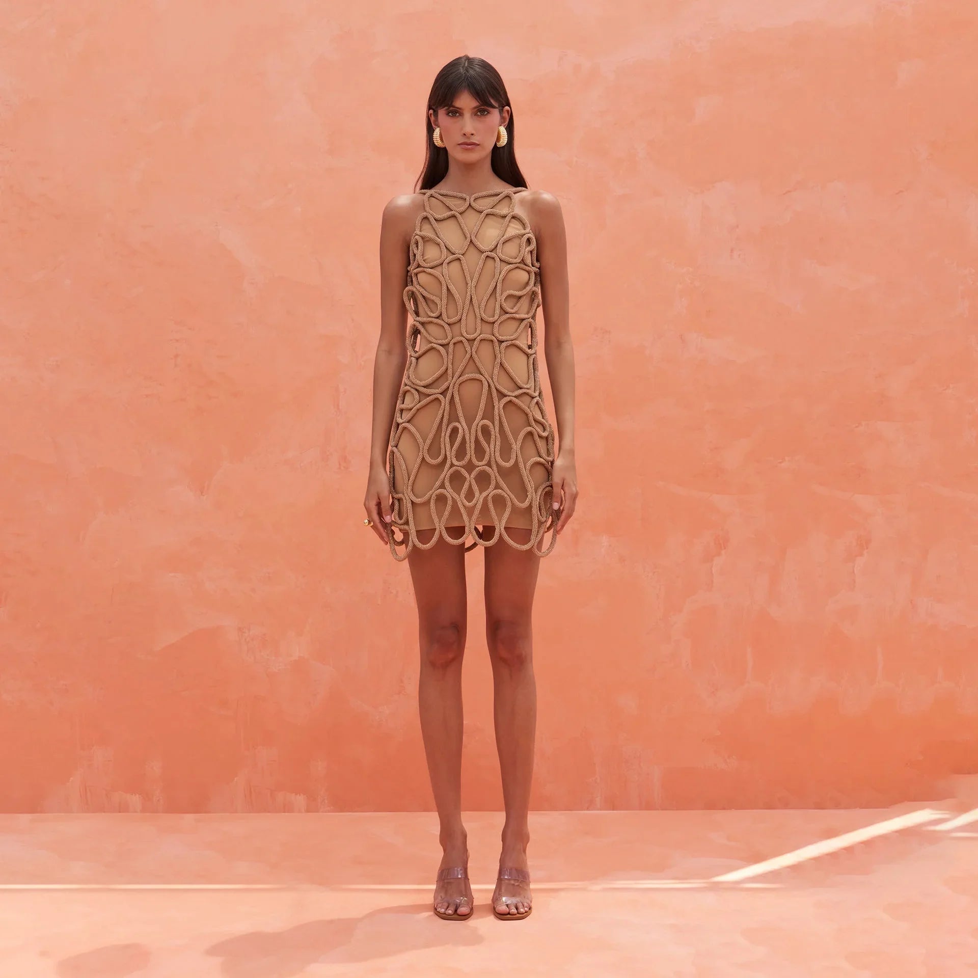 Halter Solid Color Bikini and Crochet Dress Women Fashion Two Piece Outfits Swimsuit Luxury Swimwear Vacation Bathing Suits 2024 Brown Crochet Dress