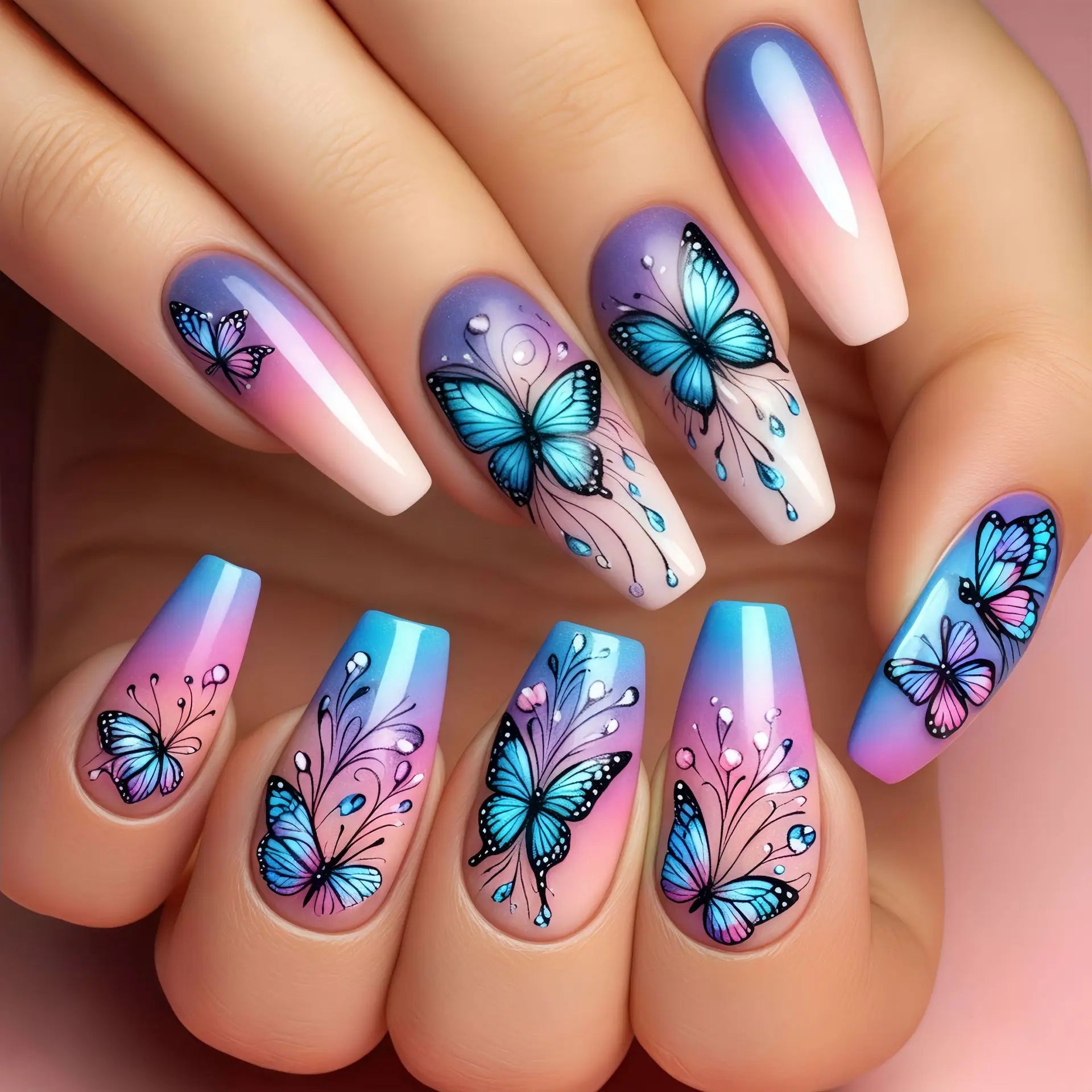24Pcs Long Ballet Fake Nails with Blue Butterfly Design Gradient Dreamy Pink Purple Full Cover Nails Wearable Fake Nail Manicure 3