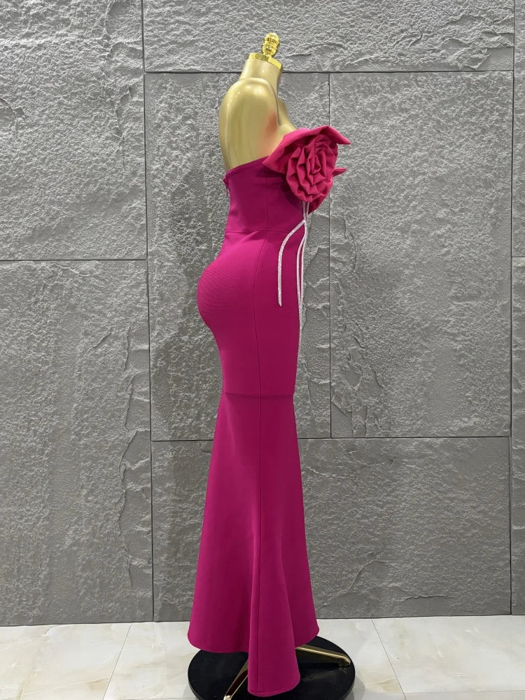 Rosered Color Women Sexy Florals Strapless Diamond Line Bodycon Long Bandage Dress Birthday Party Photo Shoot Wear