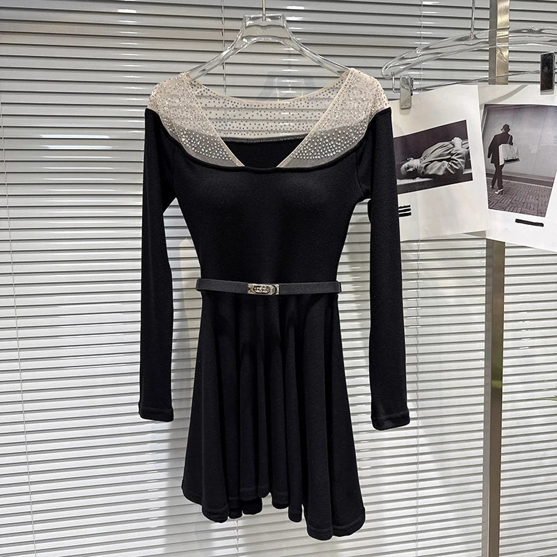 Winter New Elegant Fashion Rhinestone Mesh Collar With Belt Chest Pad Knitted Dress For Women Slim Dresses 11A07734 Black One Size