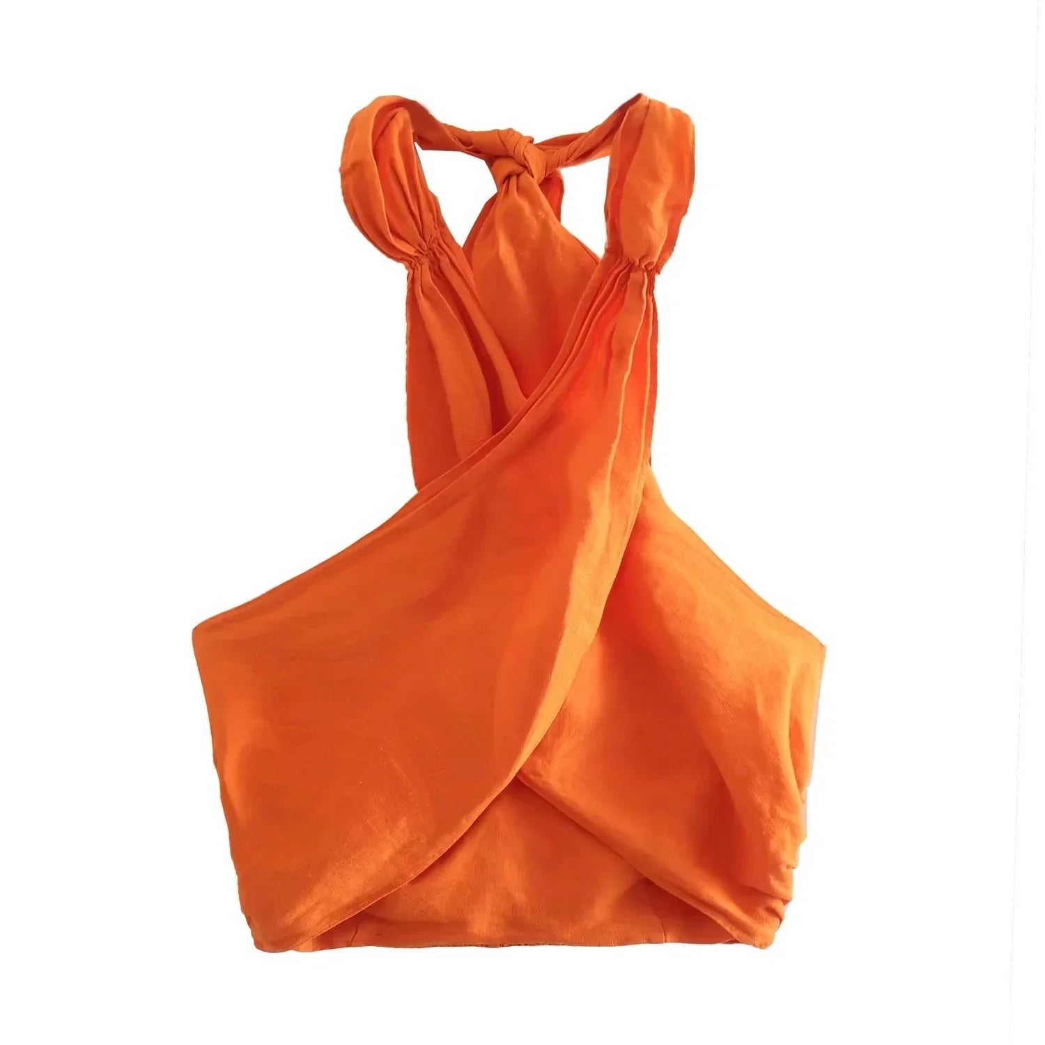 KONDALA Streetwear Khaki Linen Suits Women Sleeveless Halter Sexy Crop Tops Women+High Waist Wide Leg Pants Fashion Sets Orange Top