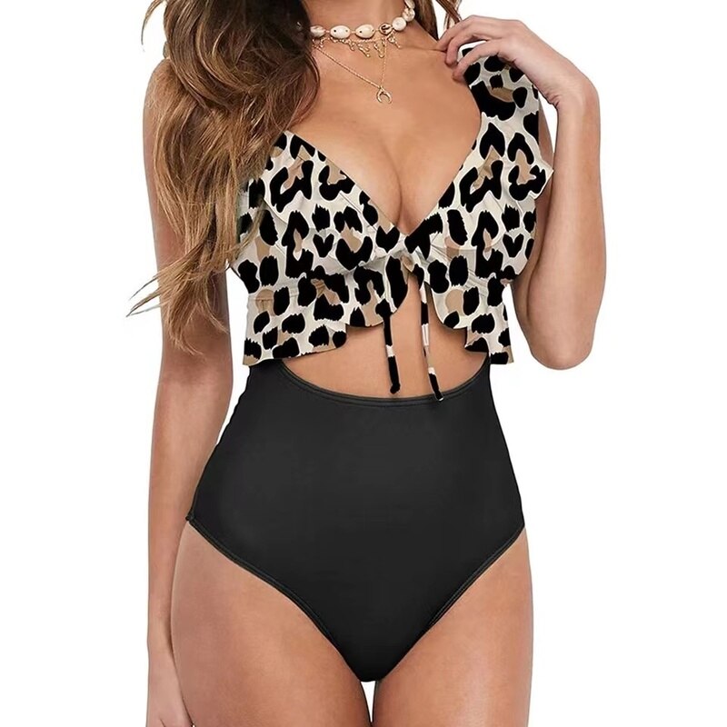 Sexy Ruffle One Piece Swimsuit - Plus Size Swimwear Female Monokini Bathers Bathing Suits Beachwear Swim Ladies Bikini Leopard Print