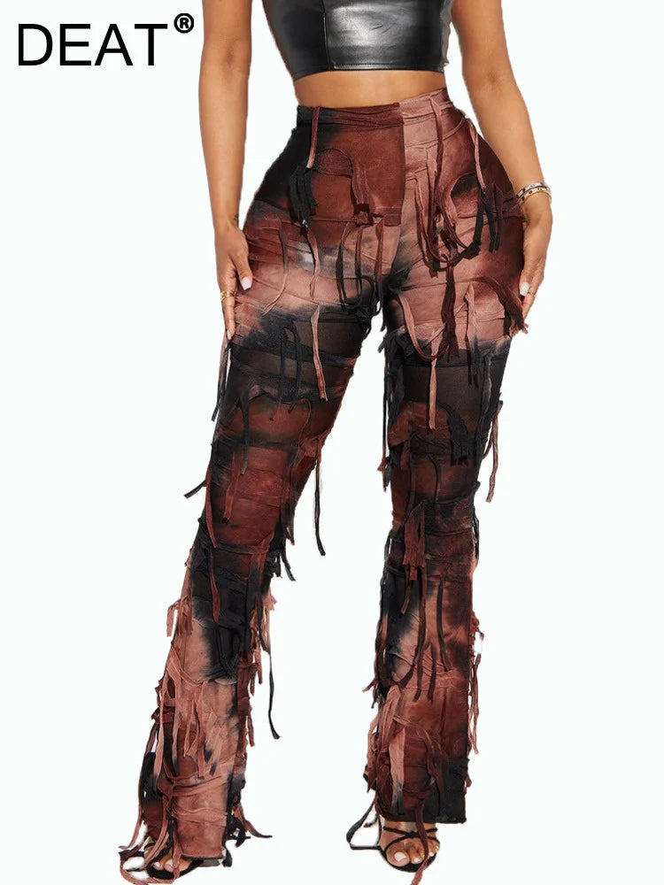 DEAT Fashion Women Casual Pant Fringe Lace-up Contract Color Slim Designer Floor-length Boot Cut Female Summer New 17A9439