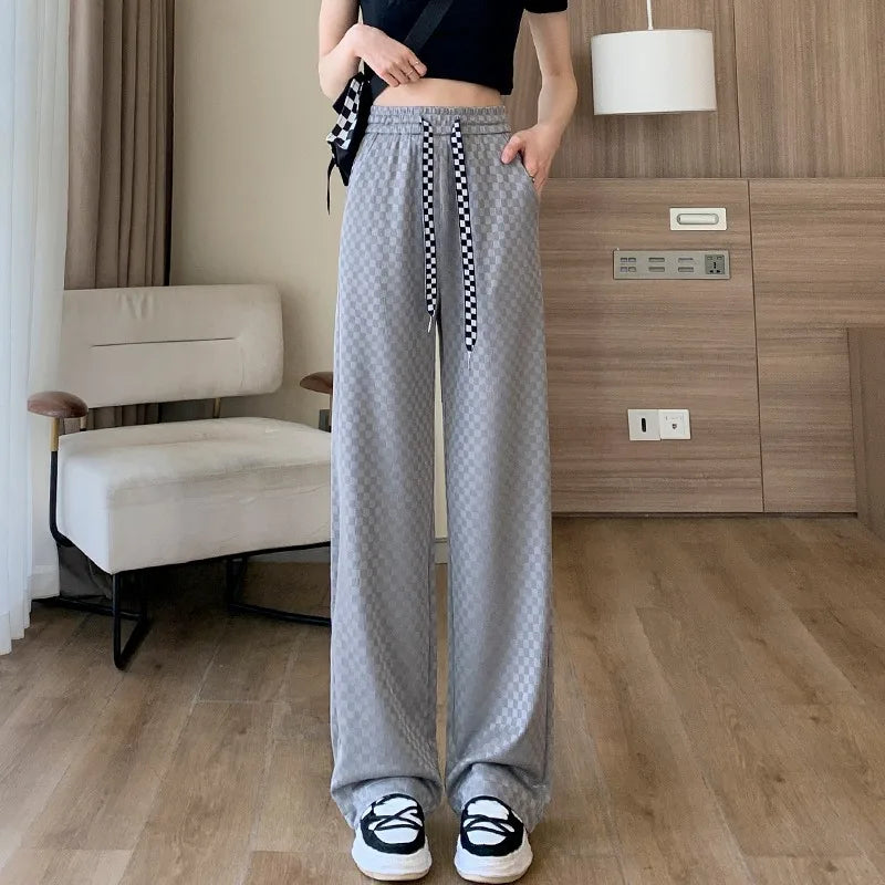 Summer Ice Silk Pants Women's Thin, High Waist, Casual Loose, Slim and Slimming Feeling, Floor Dragging Wide Legged Pants Gray