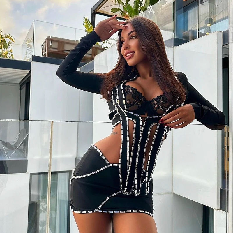 Black Color Women Long Sleeve Sexy Shinning Crystal Bandage Tops 2 Pieces Bodycon Mini Dress Nightclub Party Outfit