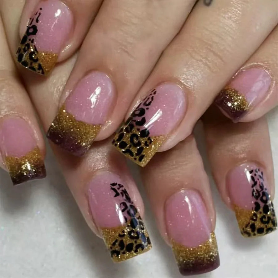 24Pcs Pink French Press on Nails Full Cover Small Broken Diamond Leopard Print Design Short Ballet 3d Gold Bow Nails Fashion Art 6