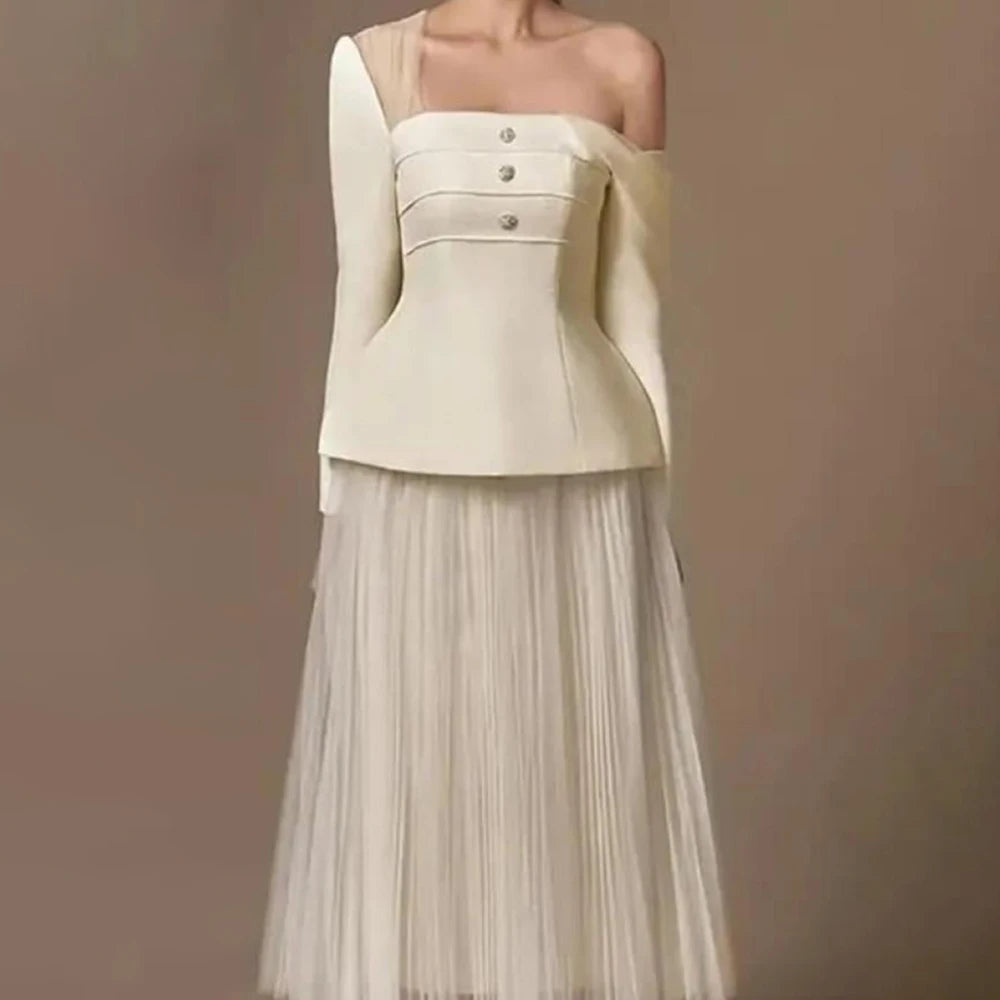 Solid Two Piece Set For Women Diagonal Collar Long Sleeve Tunic Top High Waist Pleated Skirt Elegant Sets Female BEIGE