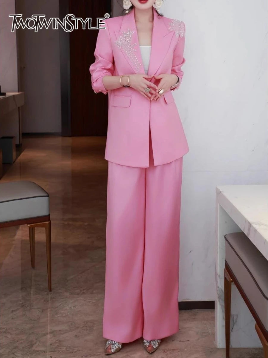 Solid Spliced Appliques Two Piece Sets for Women Lapel Long Sleeves Patchwork Button Top High Waist Pant Set Female