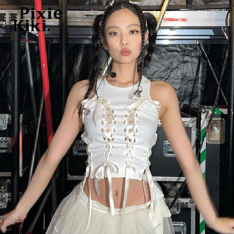 PixieKiki Y2k Fairy Aesthetic Bow Lace Up Hollow Out Ribbed Crop Tops White Summer Sexy Tank Top for Women Summer 2024 P33-BC10